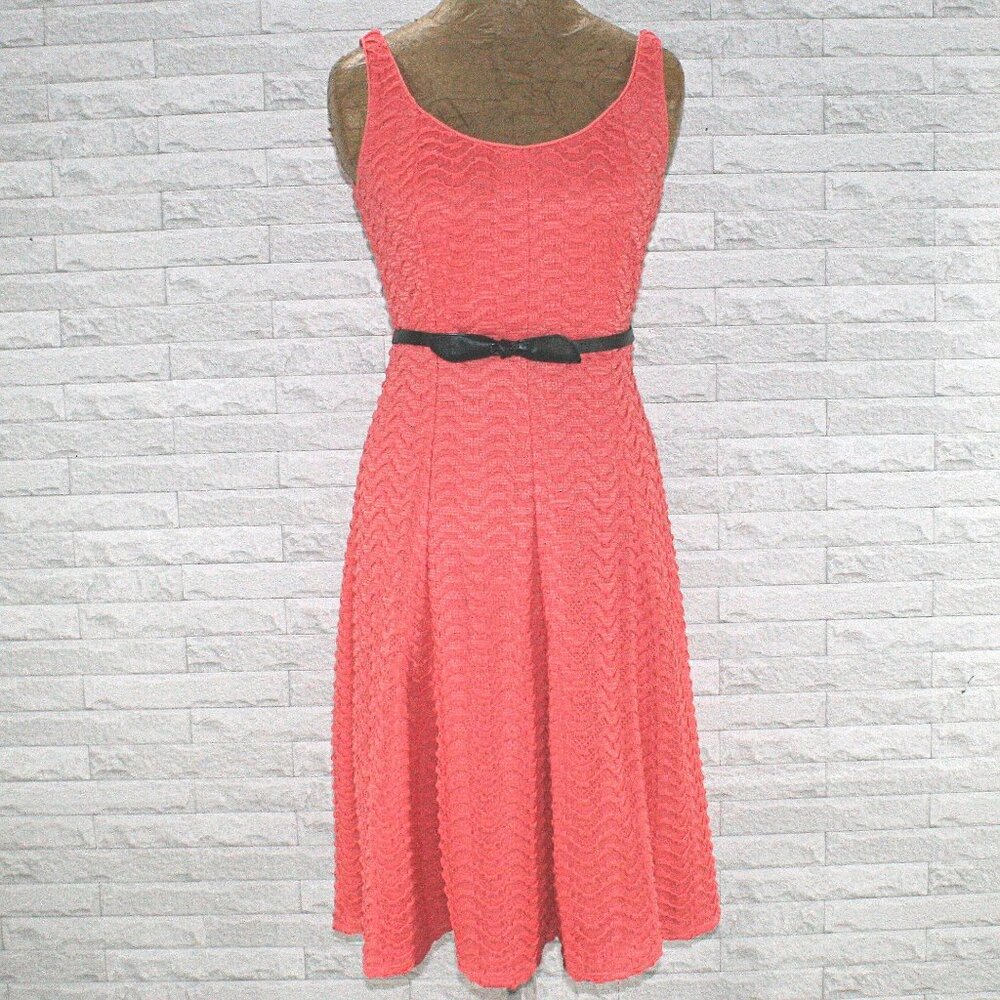 LUXE BY CARMEN MARC VALVO Dress Sleeveless Coral Crochet Lace Bow Belt Midi 6